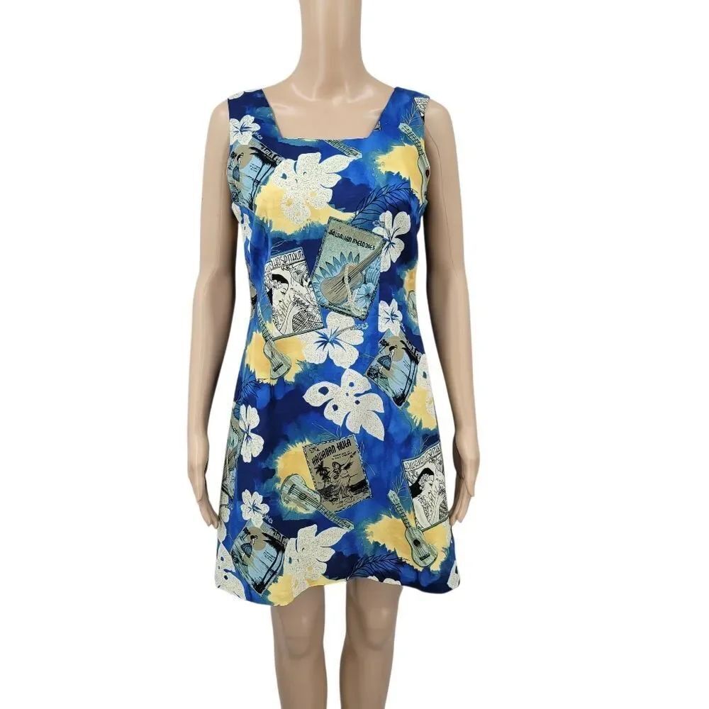 Vintage Blue and Yellow Tropical Hawaiian Print Short Sheath Dress Sleeveless